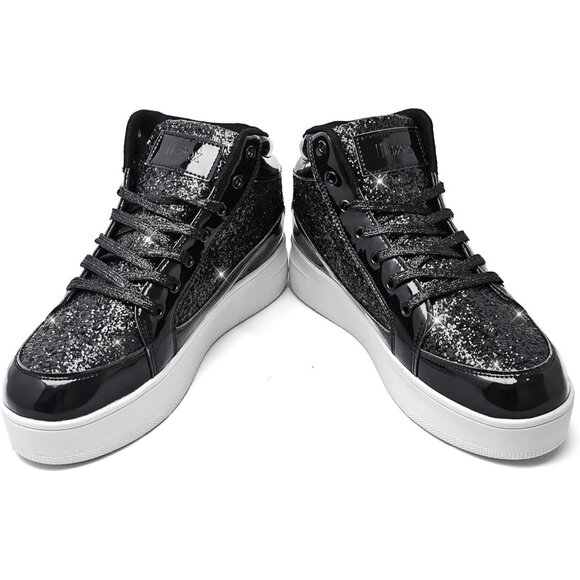 Women's Black Shiny Glitter Sequin Shoes High Top Sneakers Fashion Bling - Picture 3 of 6